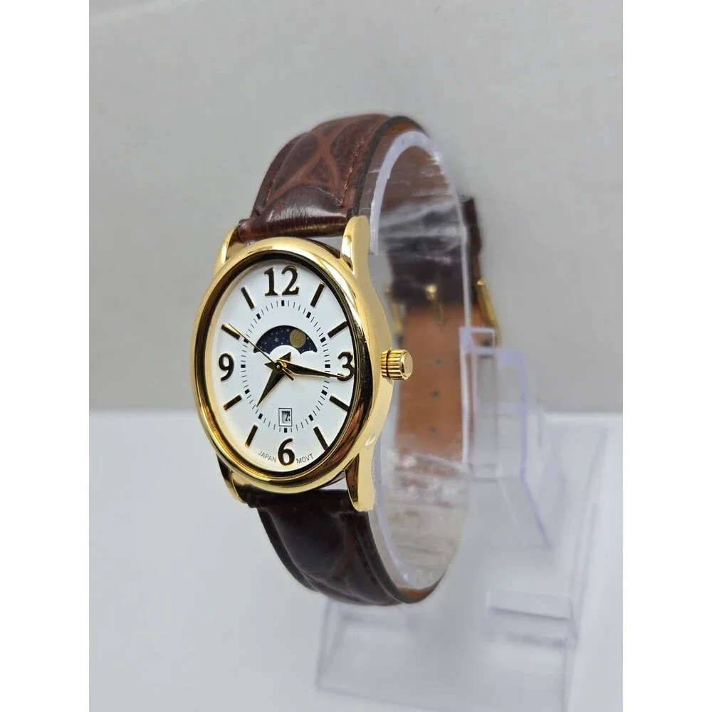 Womens Vintage Avon Moon Phase Date Womens Gold Tone Leather Watch New Battery